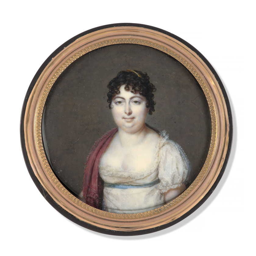 François DUMONT Lunéville, 1751, - Paris, 1831 Portrait de femme en robe de voile blanc, ceinture bleue et cachemire carmin sur l'ép..