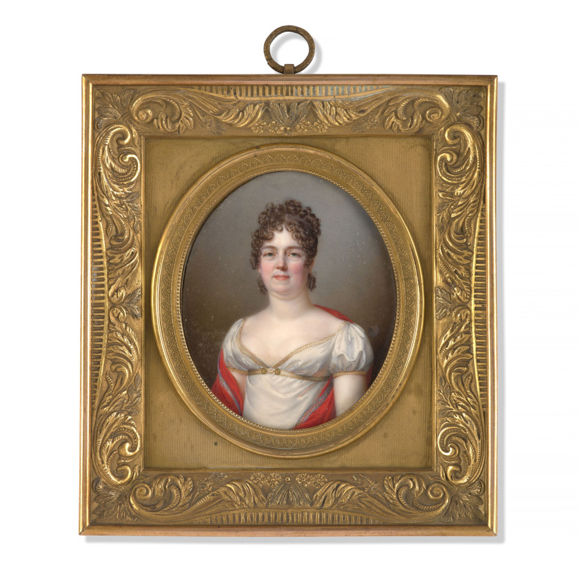 Jean-Baptiste-Jacques AUGUSTIN Saint-Dié, 1759 - Paris, 1832 Portrait de femme en robe blanche, un cachemire rouge sur les épaules M...