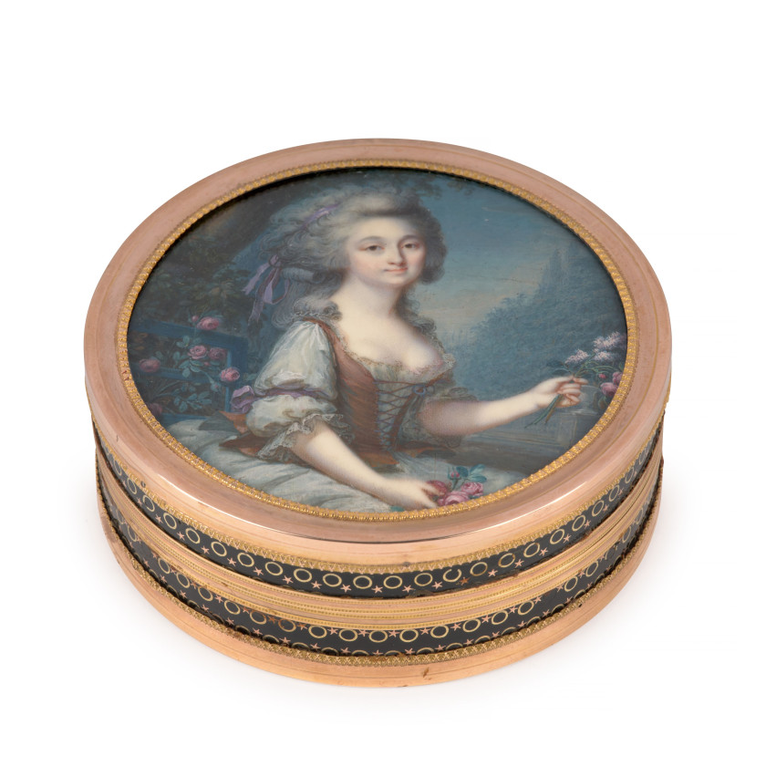 Augustin DUBOURG Saint-Dié-des-Vosges, 1750 - après 1800 Portrait de femme assise sur un banc dans un jardin et tenant des fleurs Mi...