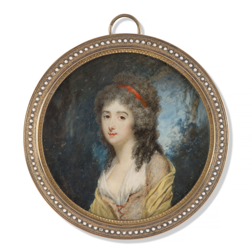 Charles HENARD Bourg-en-Bresse, 1756 - New York, 1813 Portrait de jeune femme dans un paysage Miniature sur ivoire, de forme ronde