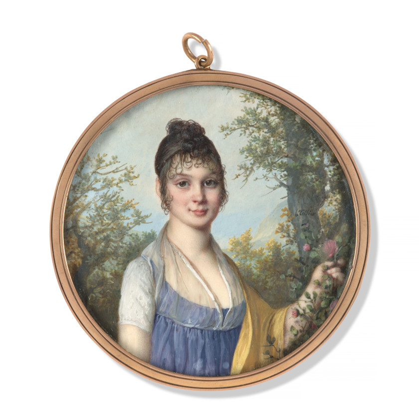 Jean-Baptiste LE TELLIER fils Paris, 1759 - après 1816 Portrait de jeune femme dans un paysage tenant une branche de roses Miniature...