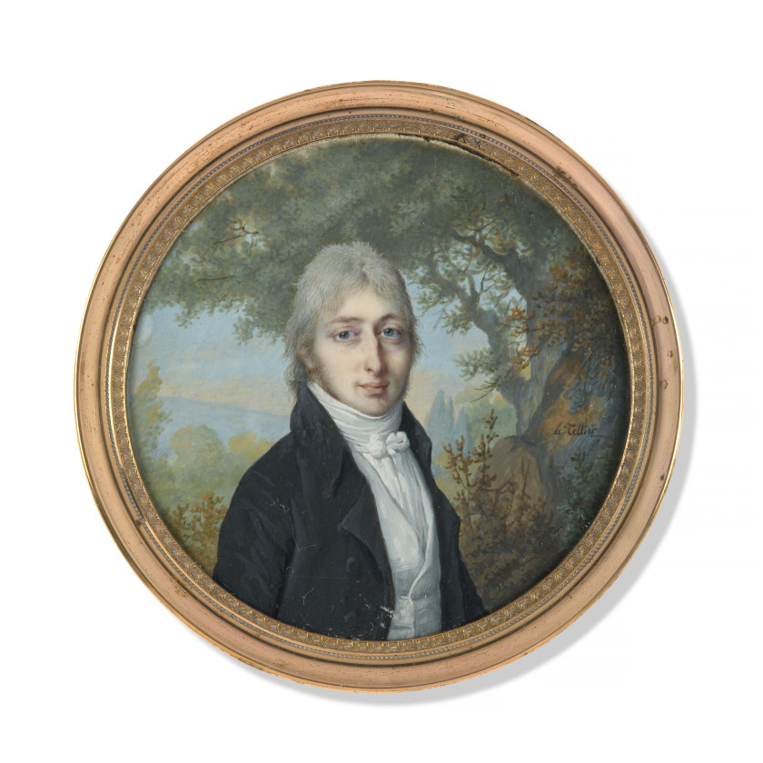 Jean Baptiste LE TELLIER fils Paris, 1759 - après 1816 Portrait d'homme dans un paysage Miniature sur ivoire, de forme ronde