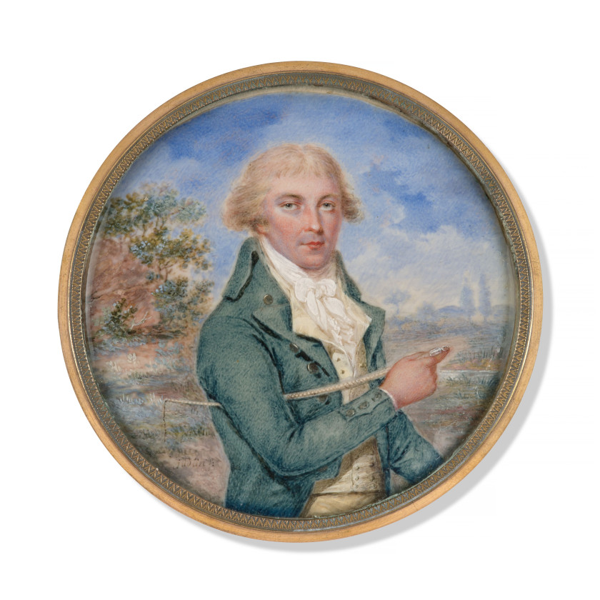 André JUDLIN Guebwiller, 1742 - Thann, 1795 Portrait de Samuel Turner tenant sa cravache dans un paysage Miniature sur ivoire, de fo...