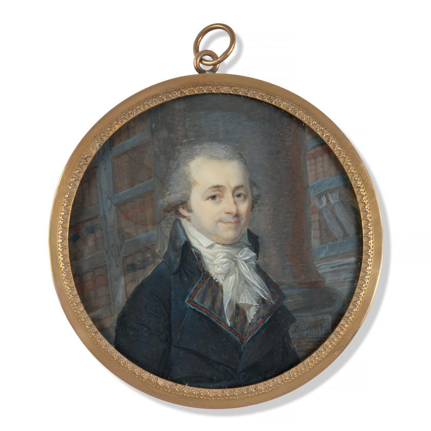 Augustin DUBOURG Saint-Dié-des-Vosges, 1750 - après 1800 Portrait d'homme dans sa bibliothèque Miniature sur ivoire, de forme ronde