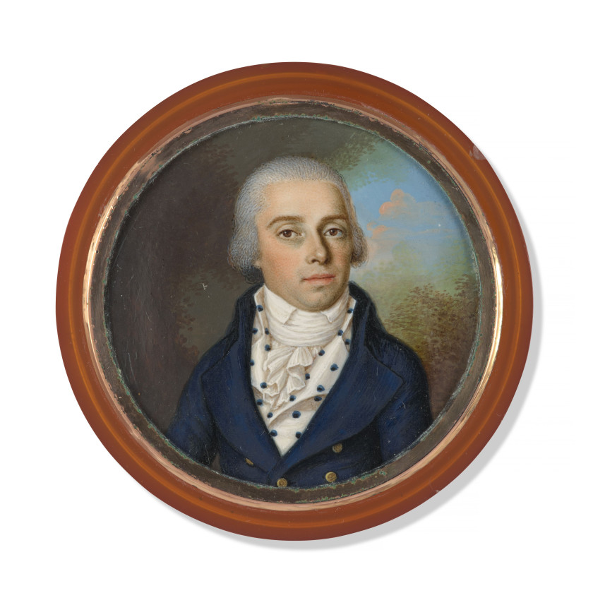 Wendelin MOOSBRUGGER Rehmen, 1760 - Aarau, 1849 Portrait d'homme en redingote bleue et gilet à pois, dans un paysage Miniature sur i..