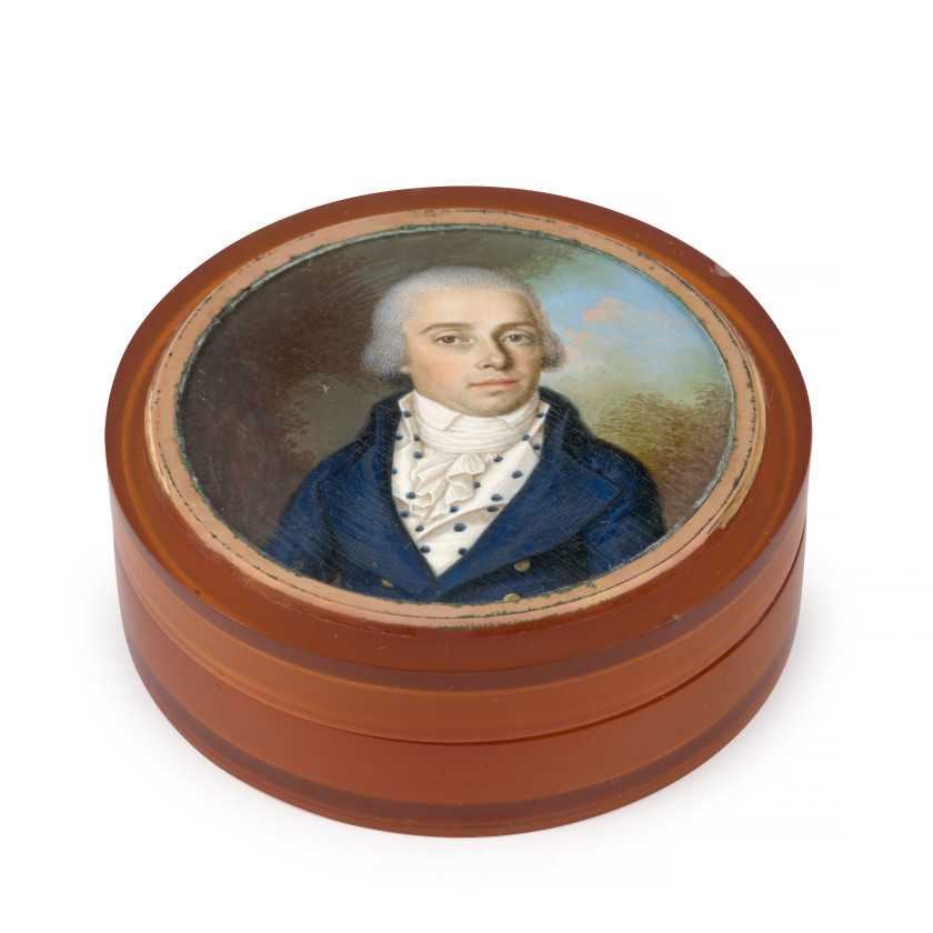 Wendelin MOOSBRUGGER Rehmen, 1760 - Aarau, 1849 Portrait d'homme en redingote bleue et gilet à pois, dans un paysage Miniature sur i..