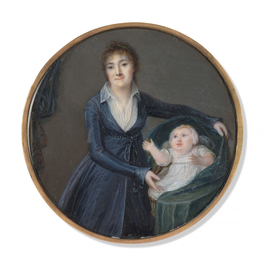 Attribué à Jeanne DOUCET de SURINY Lyon, 1762 - Paris, 1823 Portrait d'une mère et son enfant Miniature sur ivoire, de forme ronde