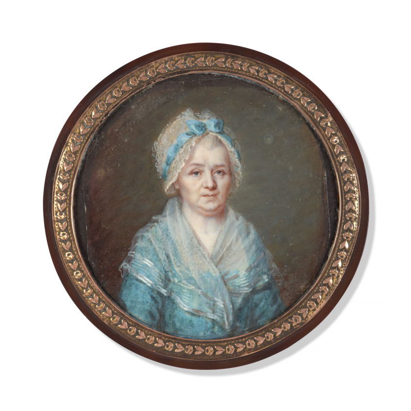 Attribué à Louis-André FABRE 1750 - 1814 Portrait de femme au bonnet de dentelle Miniature sur ivoire, de forme ronde