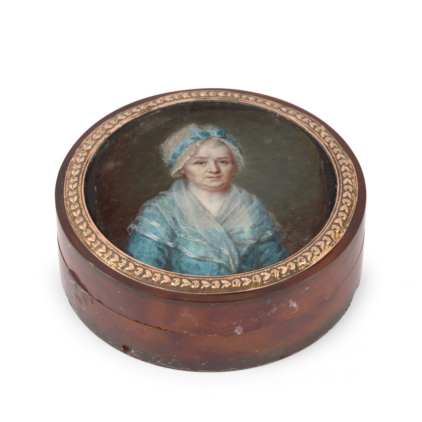 Attribué à Louis-André FABRE 1750 - 1814 Portrait de femme au bonnet de dentelle Miniature sur ivoire, de forme ronde