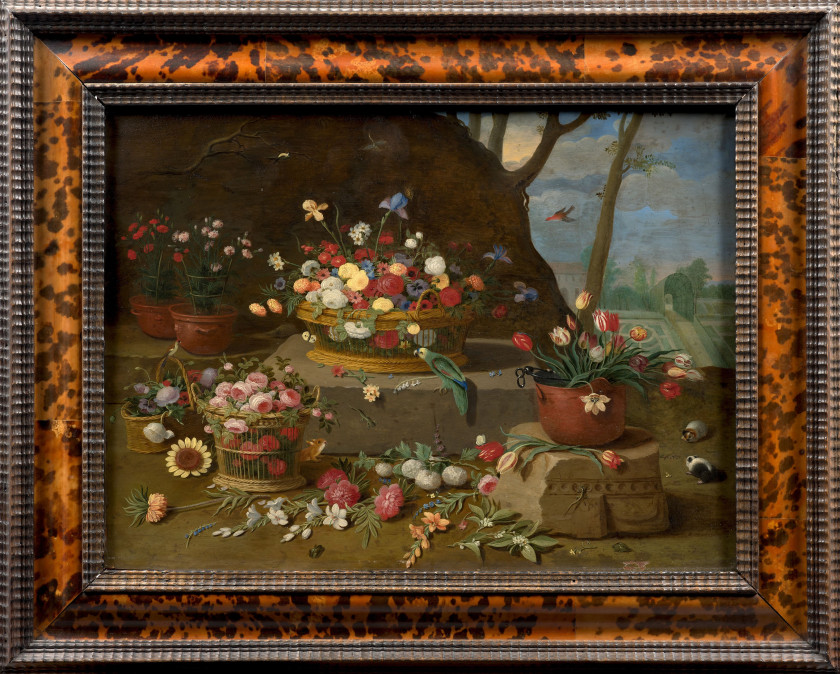 Pseudo-Jan van KESSEL II Actif vers 1660 - 1750 Paniers de fleurs et vases dans un paysage Huile sur cuivre