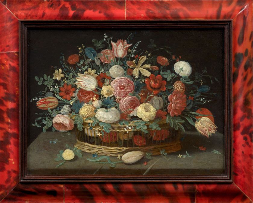 Pseudo-Jan van KESSEL II Actif vers 1660-1750 Corbeille de fleurs sur un entablement Huile sur cuivre