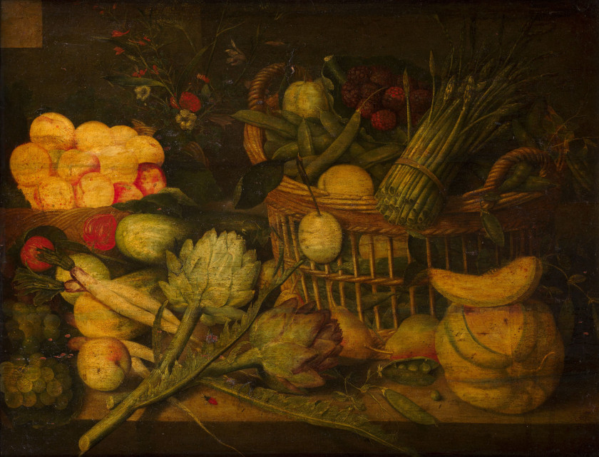 Peter BINOIT Cologne, vers 1590 - Hanau, 1632 Composition aux deux corbeilles de fruits et légumes sur un entablement Huile sur pann...