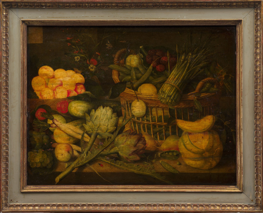 Peter BINOIT Cologne, vers 1590 - Hanau, 1632 Composition aux deux corbeilles de fruits et légumes sur un entablement Huile sur pann...