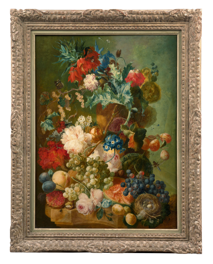 Jan van OS Middelharnis, 1744 - La Haye, 1808 Bouquet de fleurs et fruits sur un entablement Huile sur panneau