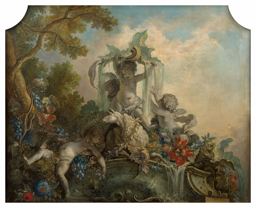 Jacques de LAJOÜE Paris, 1687 - 1761 Amours avec un mouton et Amours chassant l'autruche Deux huiles sur toiles formant pendant, inc..