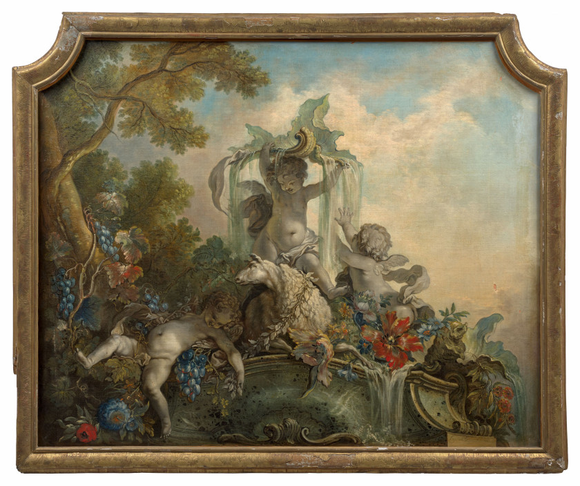 Jacques de LAJOÜE Paris, 1687 - 1761 Amours avec un mouton et Amours chassant l'autruche Deux huiles sur toiles formant pendant, inc..