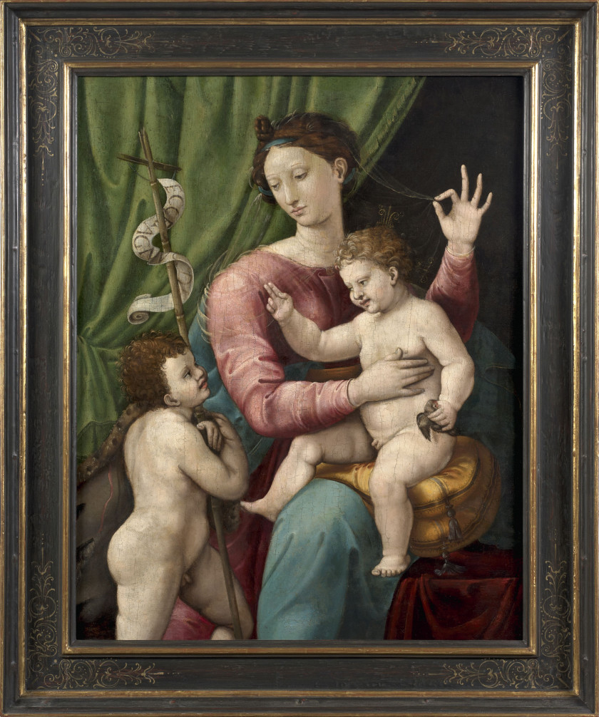 Luca PENNI Florence, vers 1500 - Paris, 1556 La Vierge à l'Enfant et le petit saint Jean-Baptiste Huile sur panneau, doublé