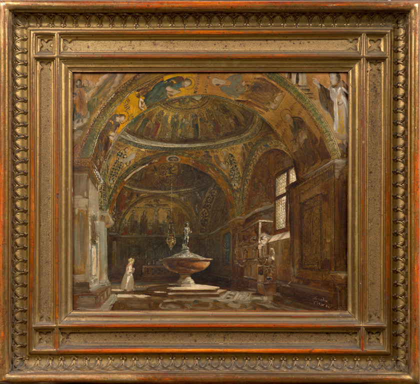 Carl Georg Anton GRAEB Berlin, 1816 - 1884 Vue de l'intérieur du baptistère de la Basilique Saint-Marc, Venise Huile sur trait de pl..