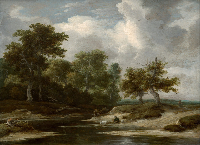 Jacob van RUISDAEL Haarlem, 1628 - Amsterdam, 1682 Halte de voyageur avec son chien en bord de rivière Huile sur panneau de chêne, u...