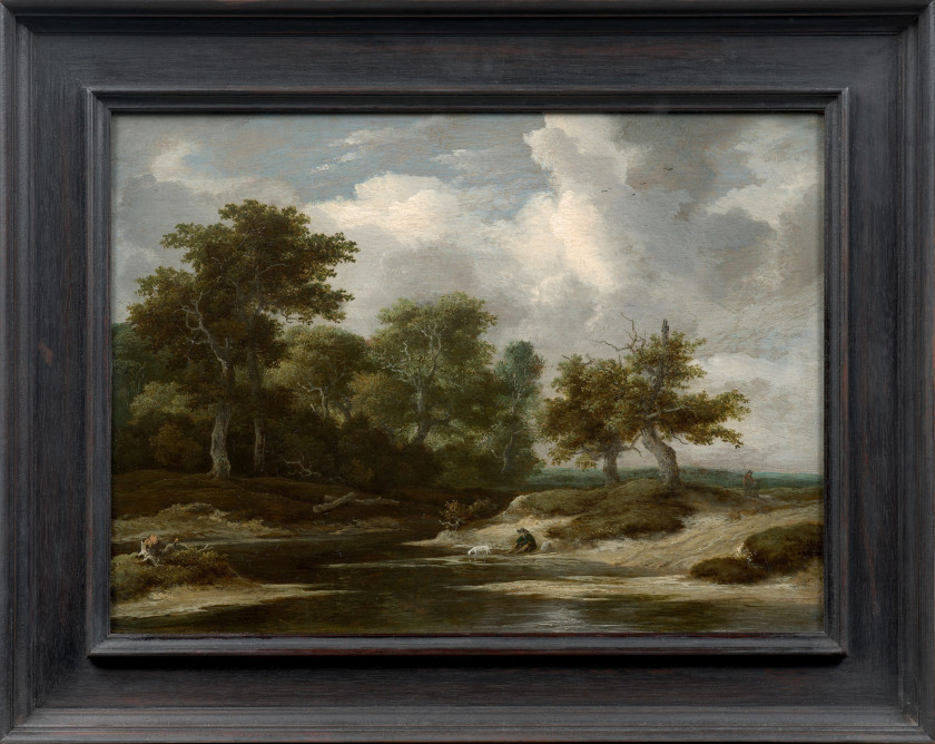 Jacob van RUISDAEL Haarlem, 1628 - Amsterdam, 1682 Halte de voyageur avec son chien en bord de rivière Huile sur panneau de chêne, u...