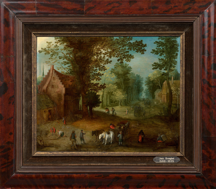 Jan BRUEGHEL le Jeune et atelier Anvers, 1601 - 1678 Convois sur un chemin arboré Huile sur cuivre