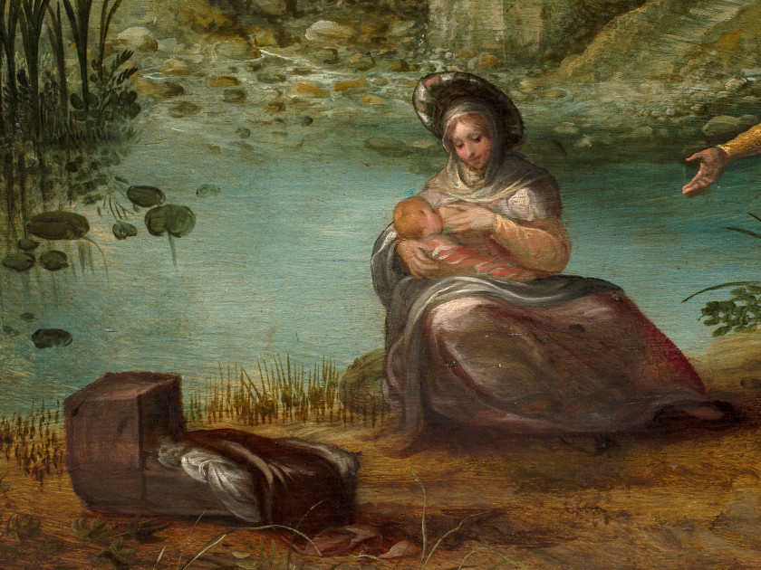 Gillis van CONINXLOO Anvers, 1544 - Amsterdam, 1606 Moïse sauvé des eaux Huile sur panneau de chêne, trois planches