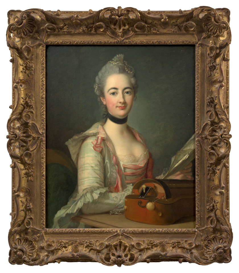 Attribué à Jacques-André Joseph AVED Douai, 1702 - Paris, 1766 Jeune femme à la vielle tenant une partition Huile sur toile