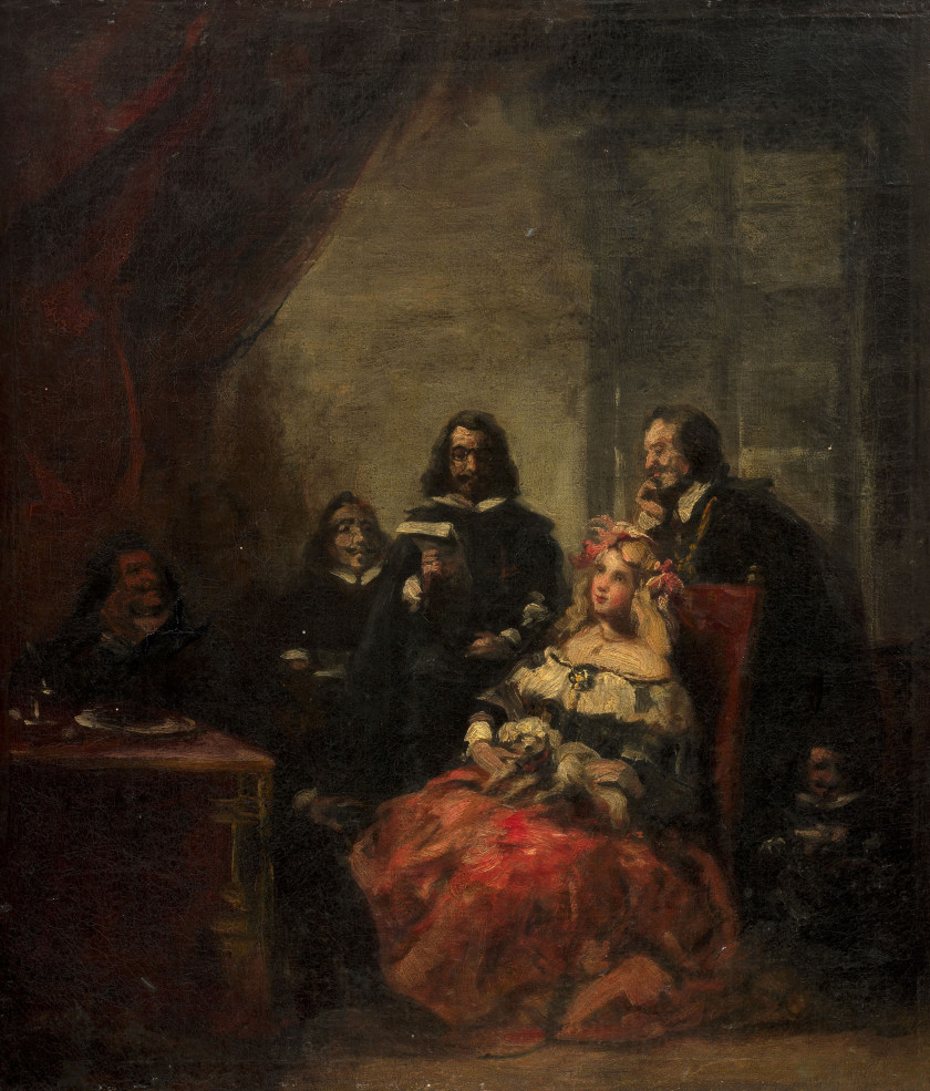 ¤ Ecole espagnole du XIXe siècle Dans le goût de Diego Velasquez L'infante Marguerite et le roi Philippe IV en conversation avec des g