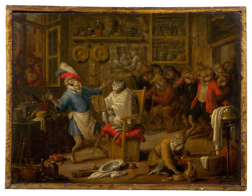 Nicolaes van VEERENDAEL Anvers, 1640 - 1691 L'atelier du singe coiffeur Huile sur panneau