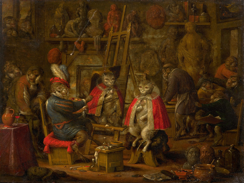 Nicolaes van VEERENDAEL Anvers, 1640 - 1691 L'atelier du singe peintre Huile sur panneau