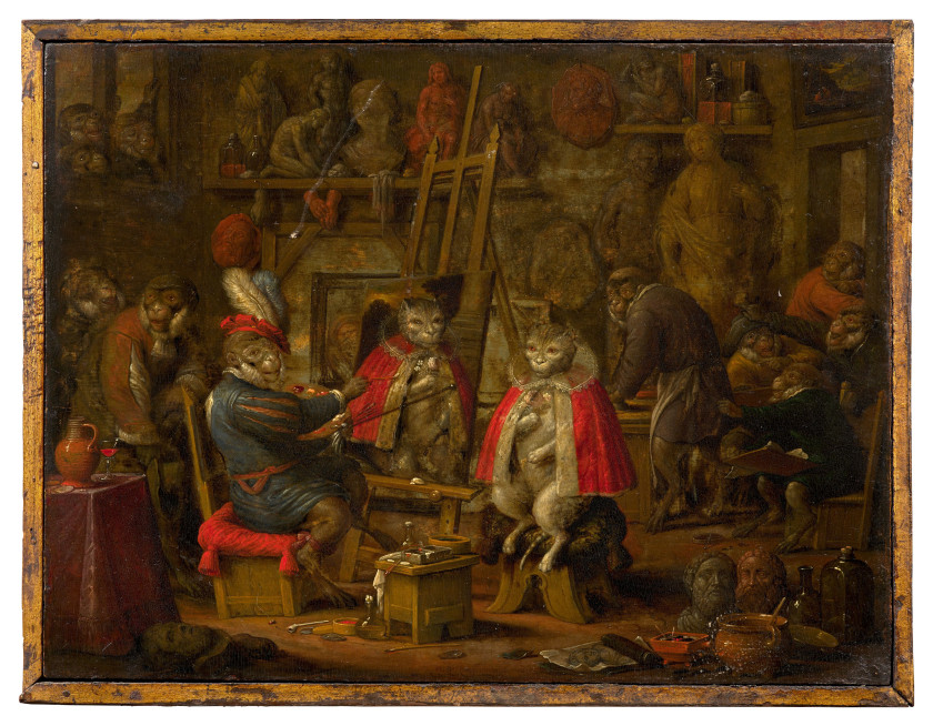 Nicolaes van VEERENDAEL Anvers, 1640 - 1691 L'atelier du singe peintre Huile sur panneau
