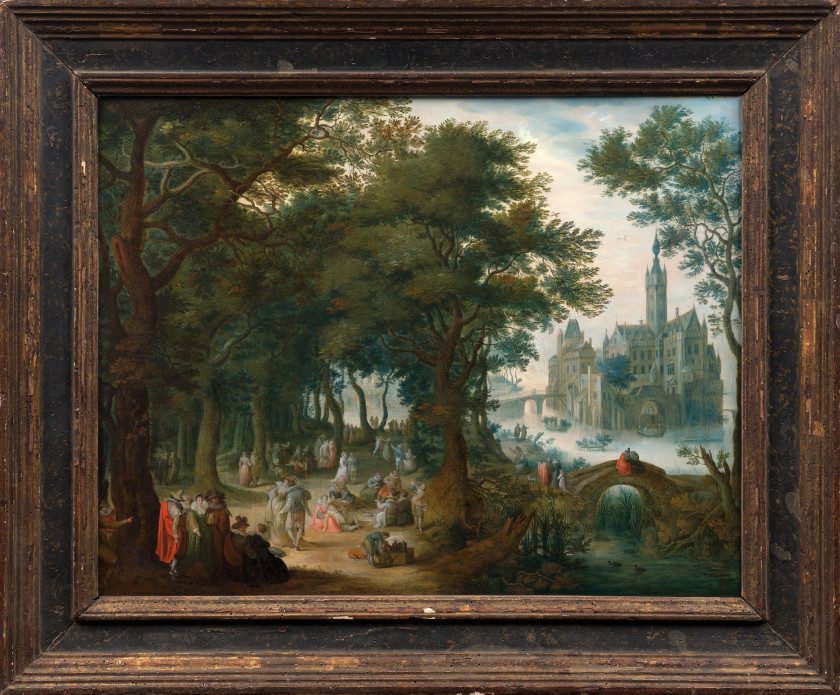 Attribué à David VINCKBOONS Malines, 1576 - Amsterdam, 1632 Fête près d'un château Huile sur cuivre