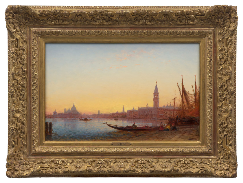 Félix ZIEM Beaune, 1821 - Paris, 1911 Gondoles dans le Grand Bassin, Venise, circa 1865 Huile sur panneau, une planche