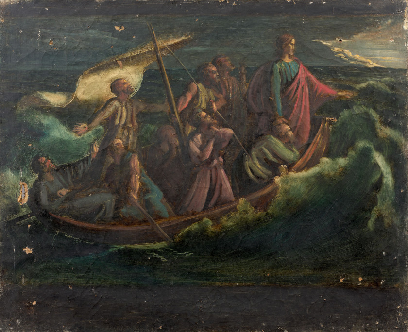 Louis JANMOT Lyon, 1814 - 1892 Jésus dans la tempête sur la mer de Galilée Huile sur toile (Toile et châssis d'origine)