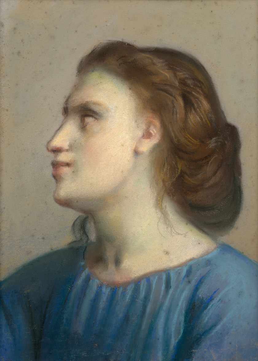 Louis JANMOT Lyon, 1814 - 1892 Portrait de jeune fille en chemise bleue Pastel sur trait de crayon