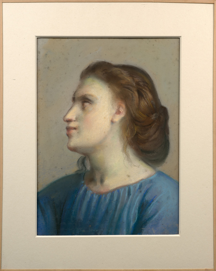 Louis JANMOT Lyon, 1814 - 1892 Portrait de jeune fille en chemise bleue Pastel sur trait de crayon