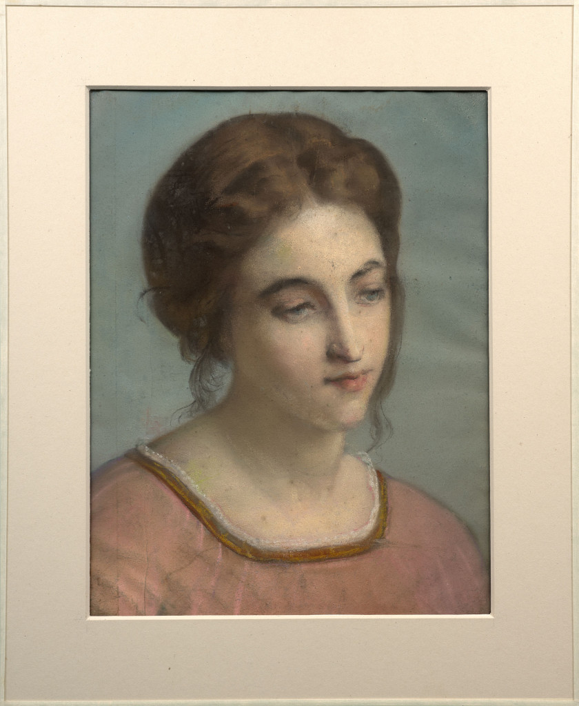 Louis JANMOT Lyon, 1814 - 1892 Portrait de jeune femme à la chemise rose Pastel