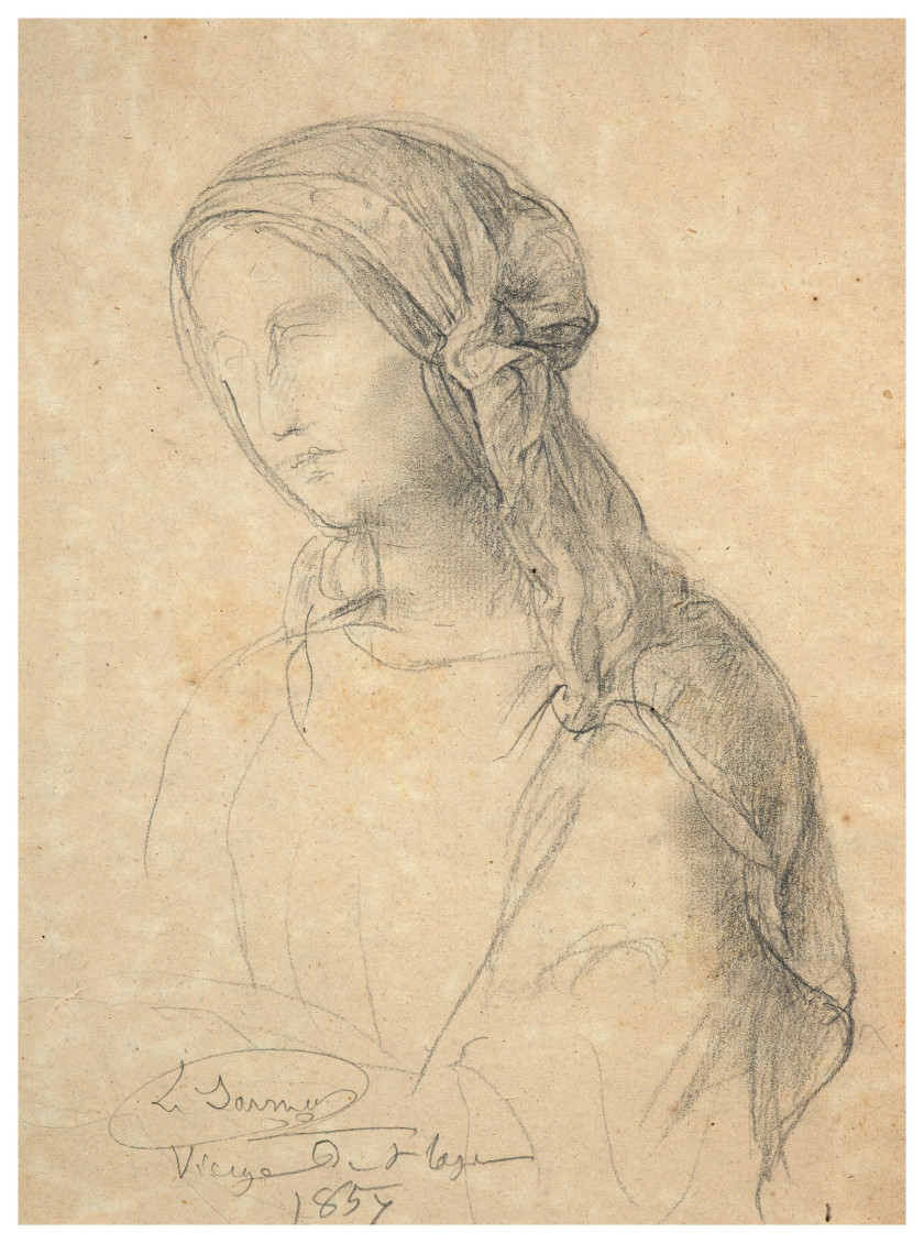 Louis JANMOT Lyon, 1814 - 1892 Etude de Vierge Crayon noir et estompe sur papier