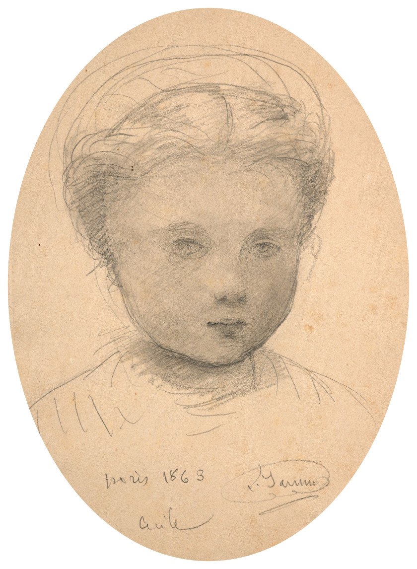 Louis JANMOT Lyon, 1814 - 1892 Portrait de Cécile, fille de l'artiste, à 6 ans Crayon noir et estompe sur papier, de forme ovale