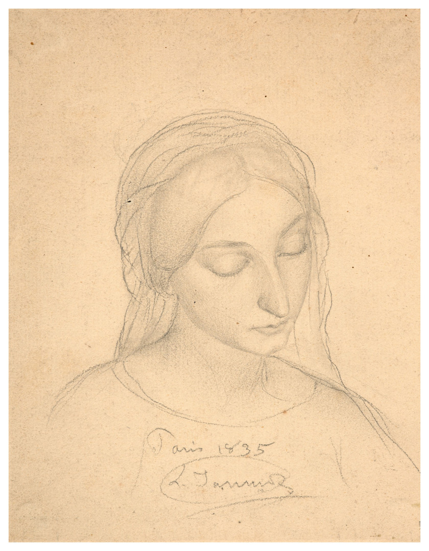 Louis JANMOT Lyon, 1814 - 1892 Portrait de femme regardant vers le bas Crayon noir sur papier