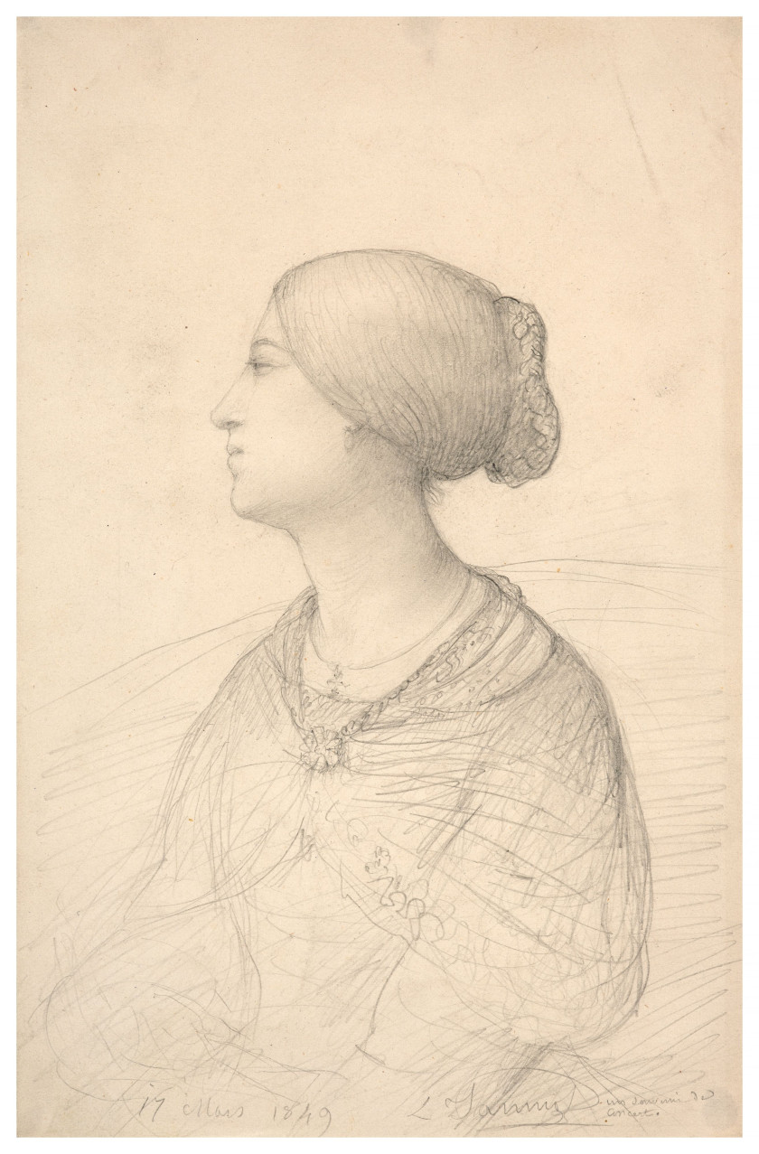 Louis JANMOT Lyon, 1814 - 1892 Portrait de femme de trois quarts Crayon noir sur papier