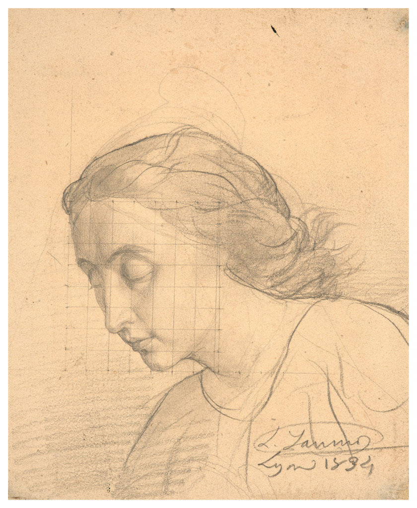 Louis JANMOT Lyon, 1814 - 1892 Portrait de femme de trois quarts regardant vers le bas Crayon noir et estompe sur papier avec mise a...