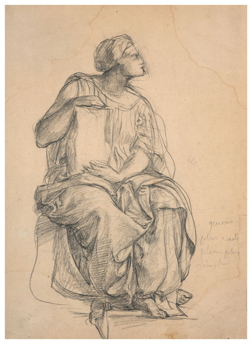 Louis JANMOT Lyon, 1814 - 1892 Etude de figure assise tournée vers la droite pour le plafond de l'hôtel de ville de Lyon Crayon noir..