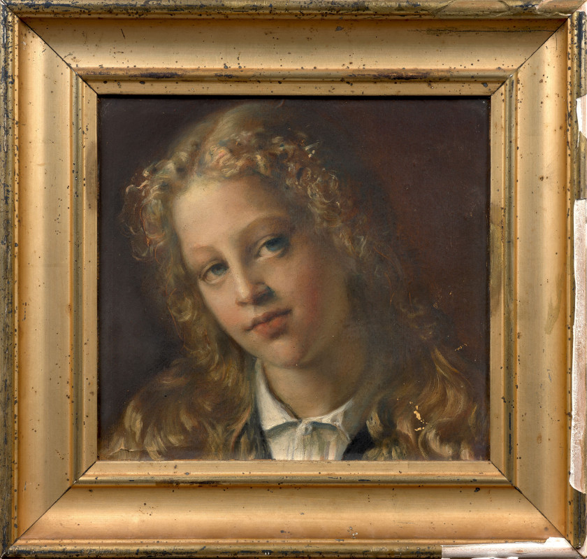 Louis JANMOT Lyon, 1814 - 1892 Portrait de jeune fille blonde Huile sur papier marouflé sur carton