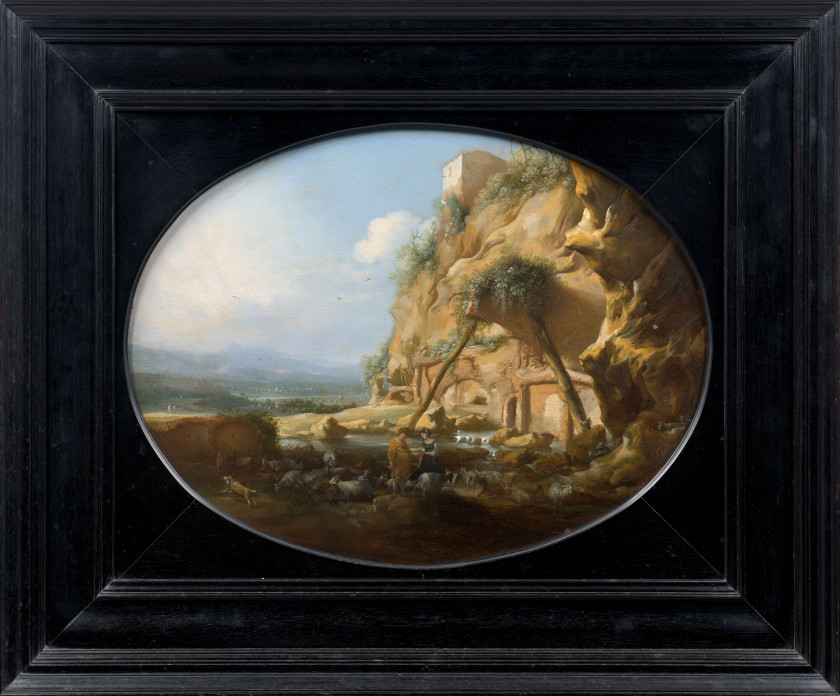 Jan LINSEN Hoorn, 1602/1603 - 1635 Paysage italien avec un couple de bergers Huile sur cuivre