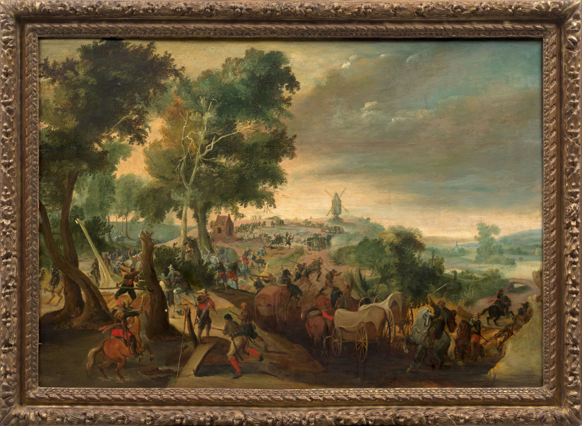 Attribué à Balthasar COURTOIS Anvers, avant 1607 - après 1641 Scène d'escarmouche près d'un moulin Huile sur panneau de chêne, trois.