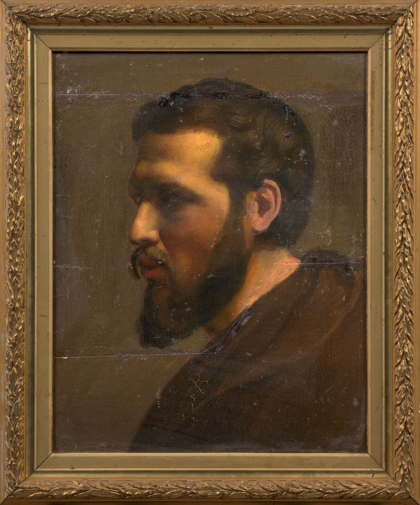 Louis JANMOT Lyon, 1814 - 1892 Autoportrait de profil Huile sur toile, marouflée sur carton (fragment de toile à bords irréguliers,...