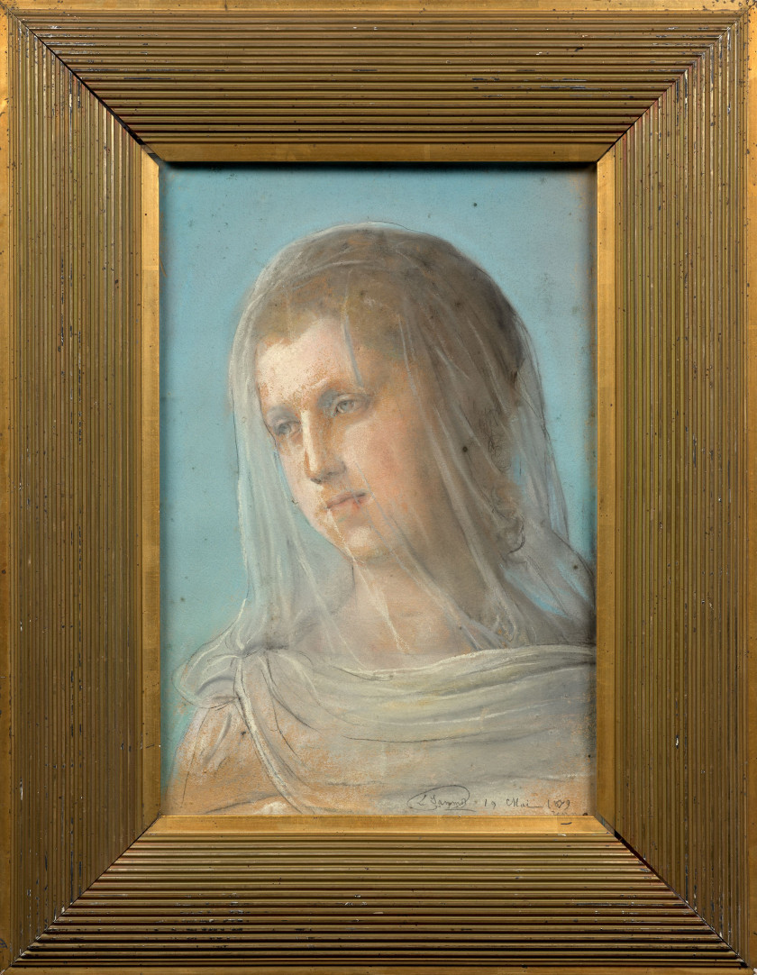 Louis JANMOT Lyon, 1814 - 1892 Etude pour la figure de la Chasteté, fresque de la chapelle des franciscains de Terre-Sainte Pastel s...