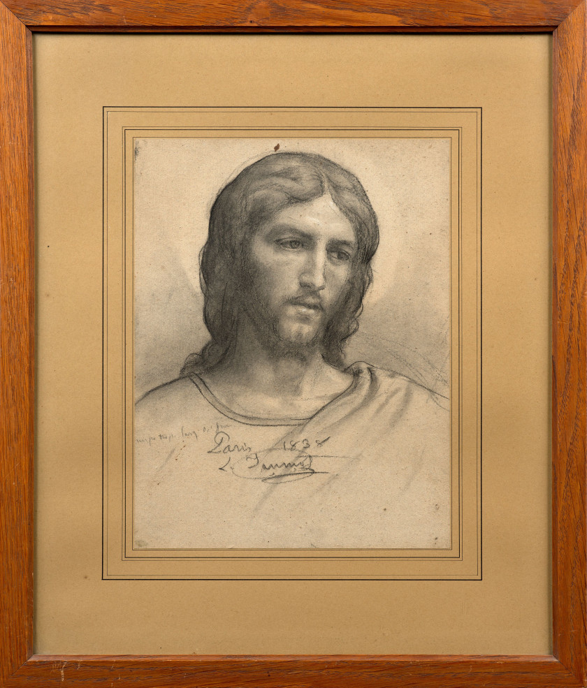 Louis JANMOT Lyon, 1814 - 1892 Etude de figure du Christ Fusain, estompe et rehaut de craie blanche sur papier