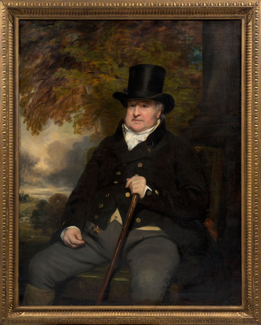 Attribué à Henry RAEBURN Stockbridge, 1759 - Edimbourg, 1823 Portrait de propriétaire terrien devant un paysage animé d'un troupeau...